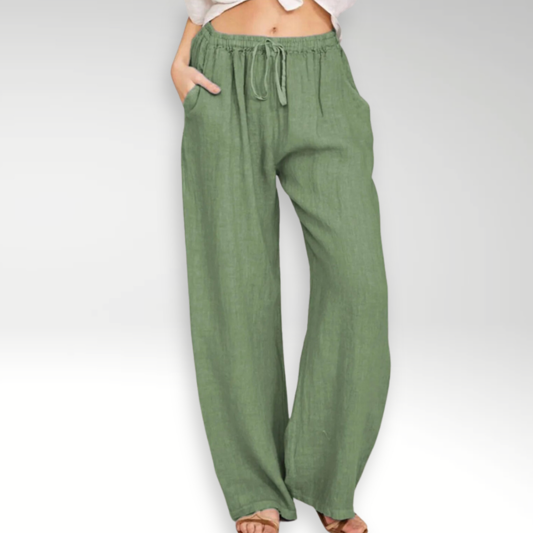 Pantaloni comodi a gamba larga in lino verdi con vita elasticizzata e coulisse