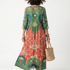 Multicolor mixed-print V-neck midi dress with floral swirl pattern, elbow sleeves