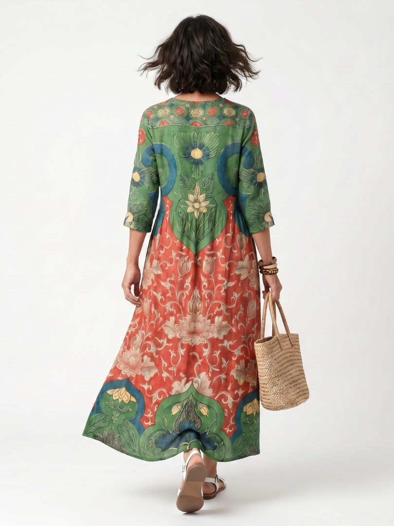 Multicolor mixed-print V-neck midi dress with floral swirl pattern, elbow sleeves