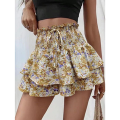 Camel floral tiered skort with shirred elastic waistband and fluttery layered ruffle hem