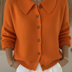 Women’s orange button-collar cardigan sweater with front buttons and ribbed cuffs