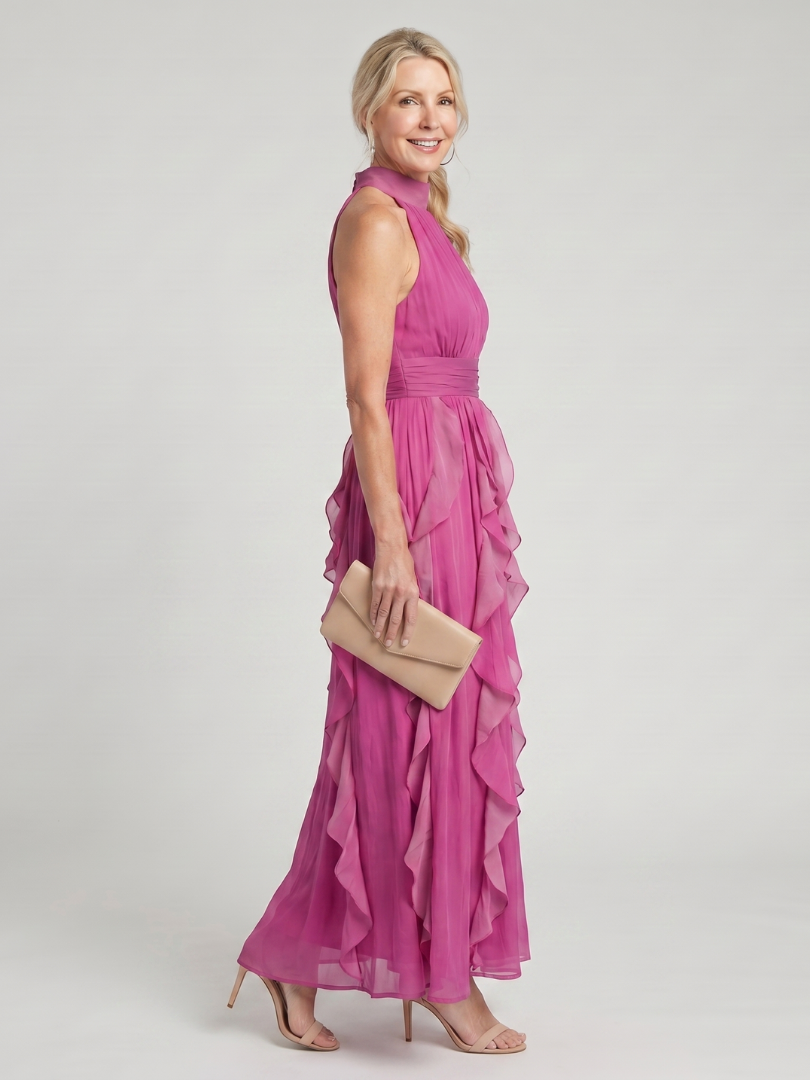 Pink high-neck ruffle maxi dress, sleeveless halter with layered skirt