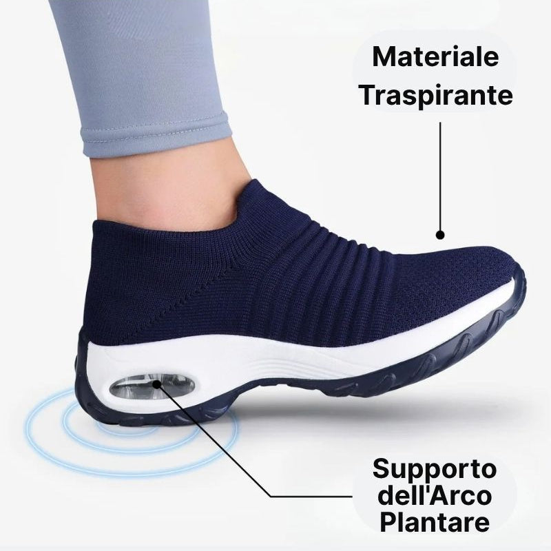 Scarpe ergonomiche antiscivolo blu a maglia elastica, supporto arco plantare e suola