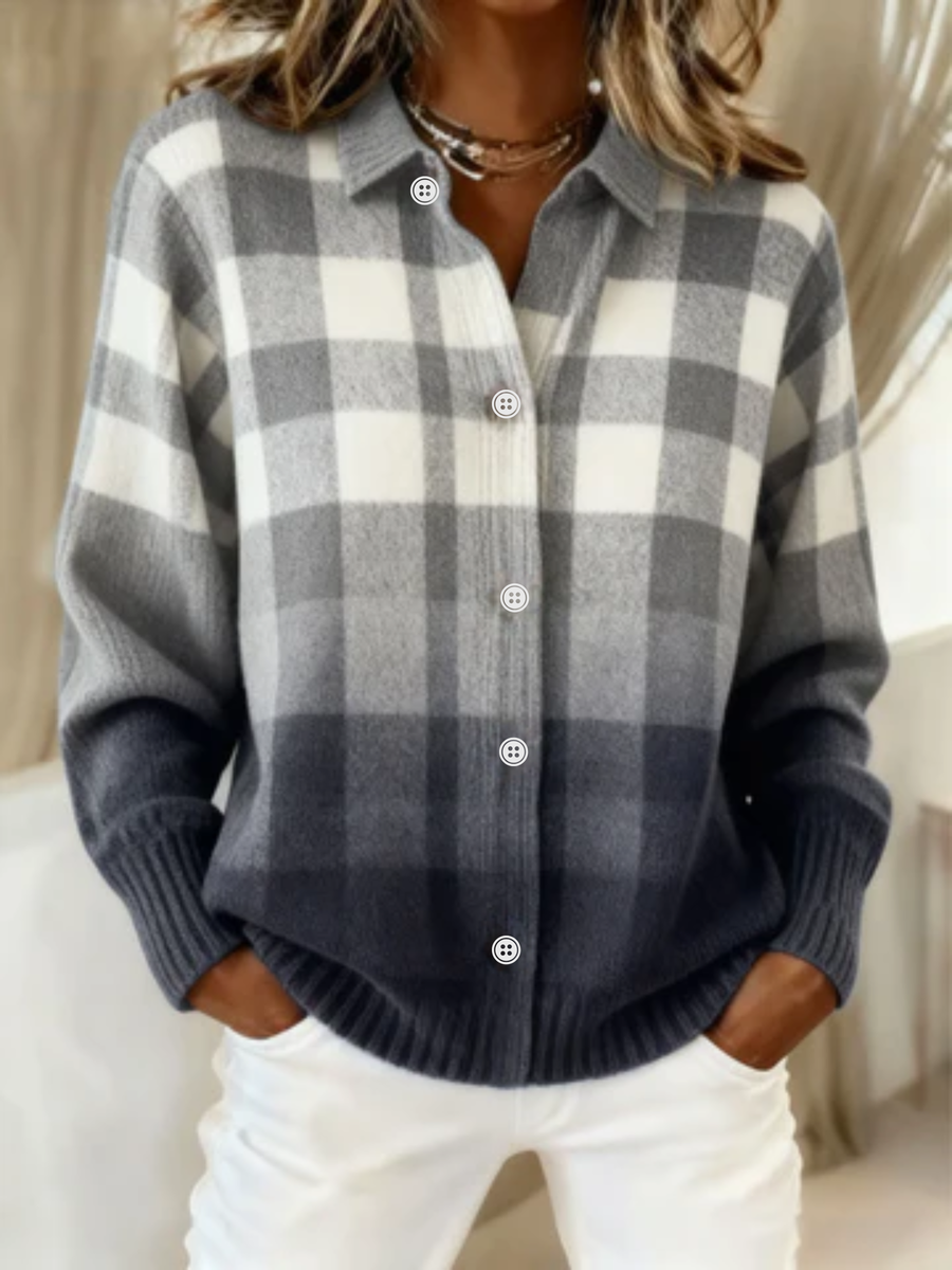 Checked hoodie blouse with button-front, gray-and-white plaid, long sleeves