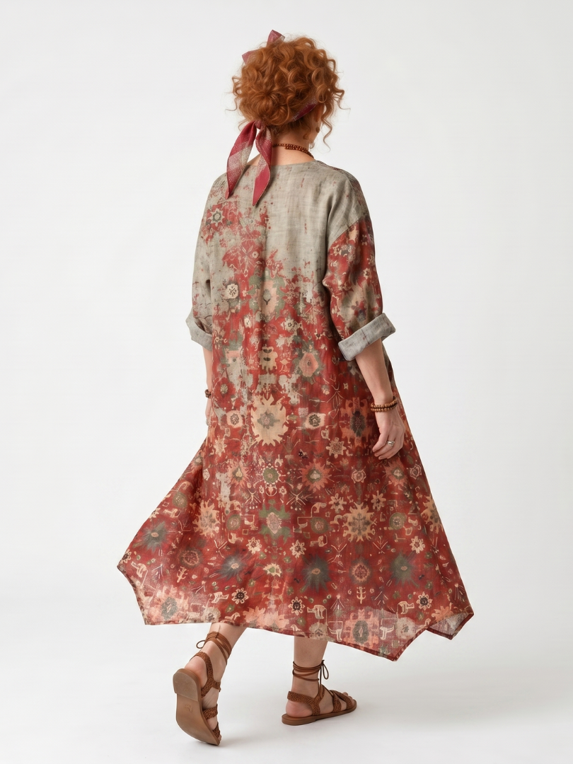 Multicolor floral relaxed midi dress, back view with V-neckline and wide skirt