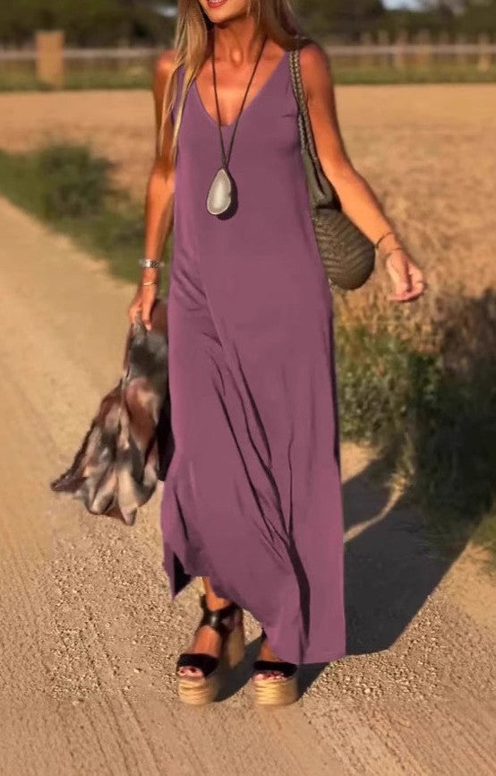 Abito maxi boho senza maniche viola con scollo a V e tessuto leggero