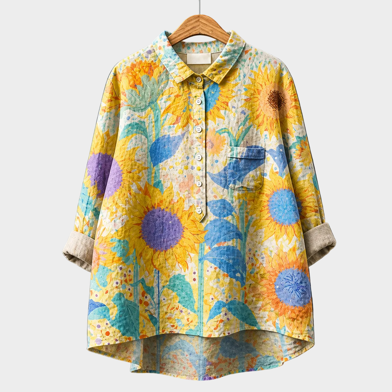 Blusa estiva con camicia a maniche lunghe, colletto, bottoni e stampa floreale multicolore