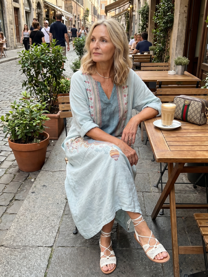 Sky blue pocket midi dress with embroidered neckline, side view