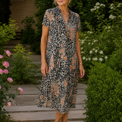 Abito midi floreale Giulia nero con fantasia floreale e scollo a V