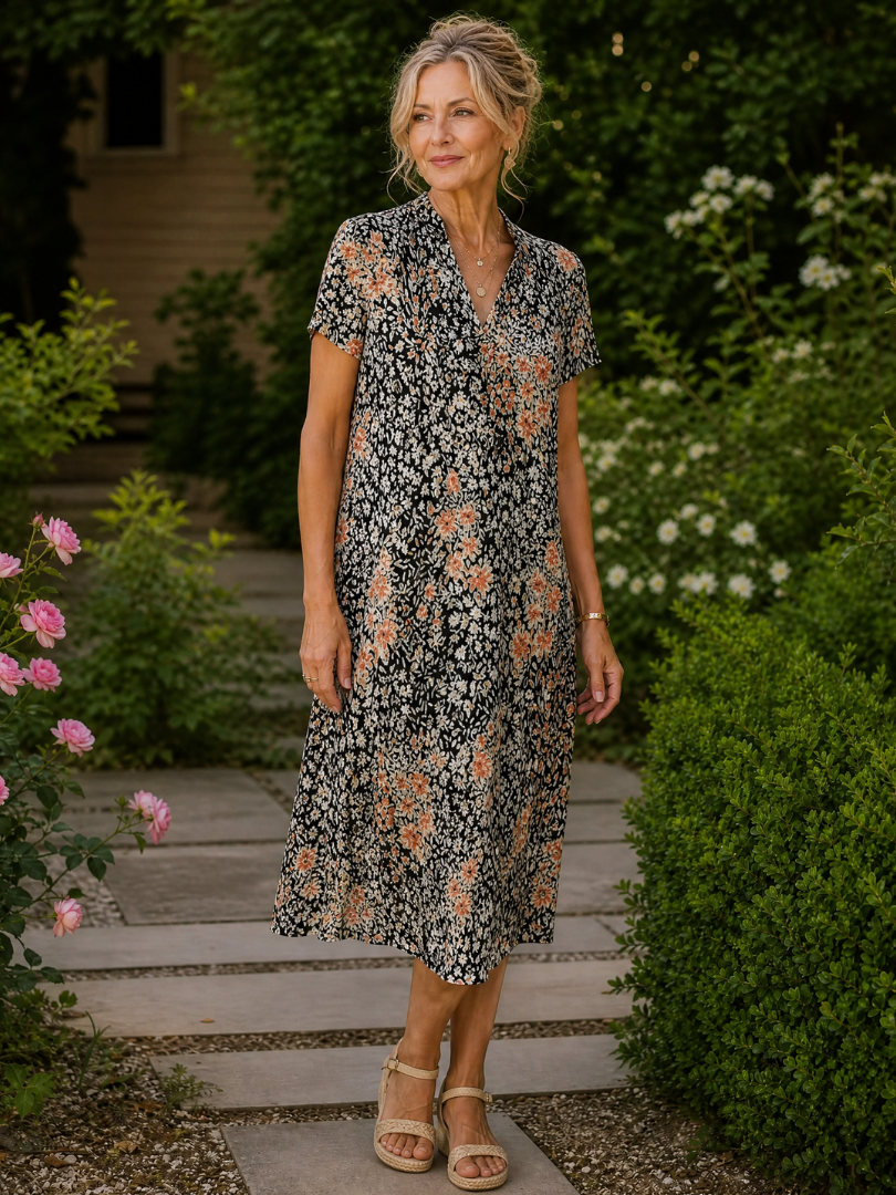 Abito midi floreale Giulia nero con fantasia floreale e scollo a V