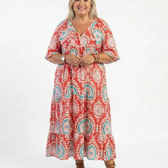 Paisley print V-neck midi dress, red with teal and white medallion pattern