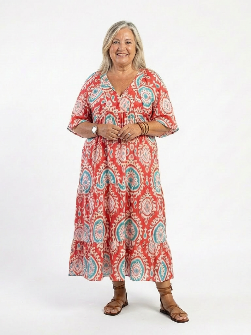 Paisley print V-neck midi dress, red with teal and white medallion pattern