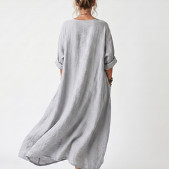 Women's midi dress with three-quarter sleeves and flowing gray back, roomy fit