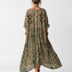 Green embroidered button-front midi dress, back view, short sleeves, oversized pockets