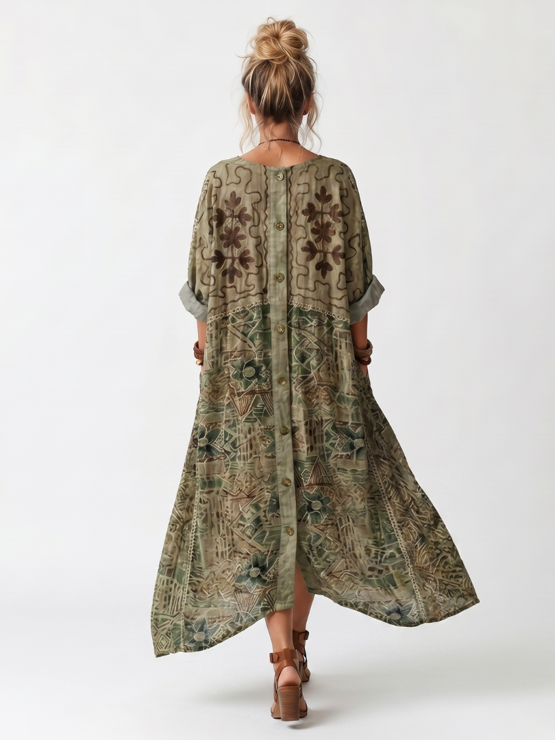 Green embroidered button-front midi dress, back view, short sleeves, oversized pockets