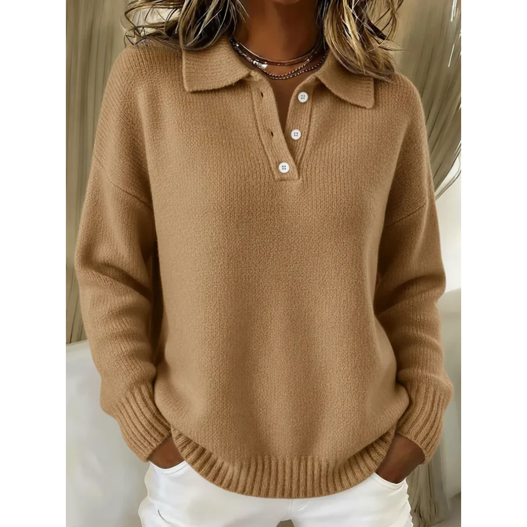 Cozy comfort jumper in camel knit, button-front henley with ribbed cuffs