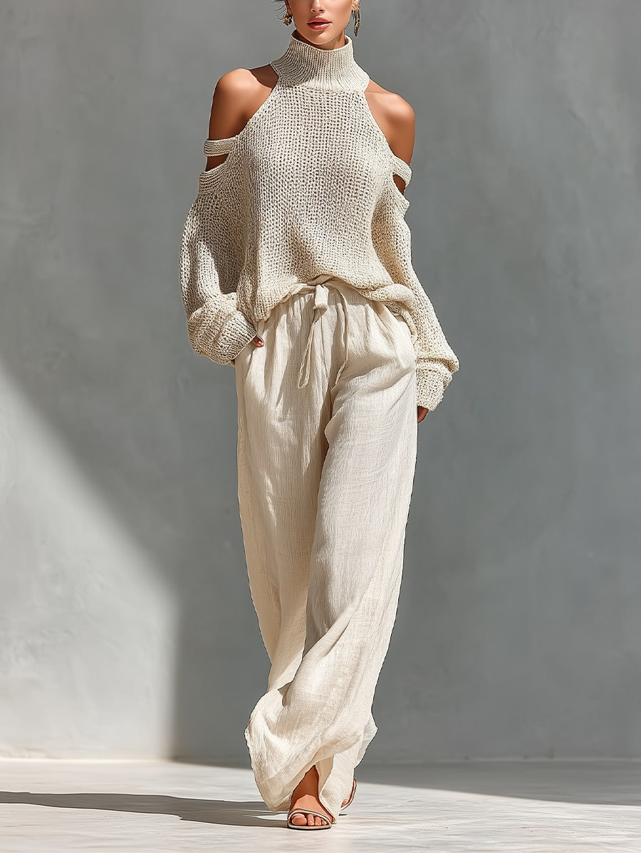 Camilla fashionable set: beige sleeveless turtleneck knit with cold-shoulder and wide-leg pants