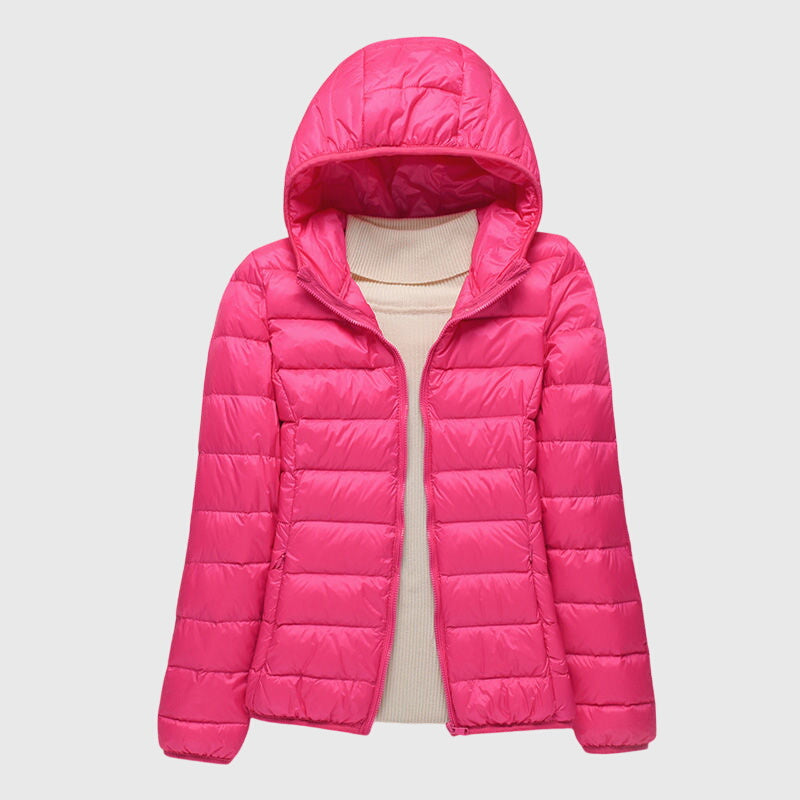 Ultra-light quilted hooded jacket with full-zip front, bright pink shade