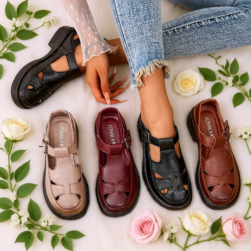 Sandali con fibbia in quattro colori: taupe, bordeaux, nero e marrone, suola spessa