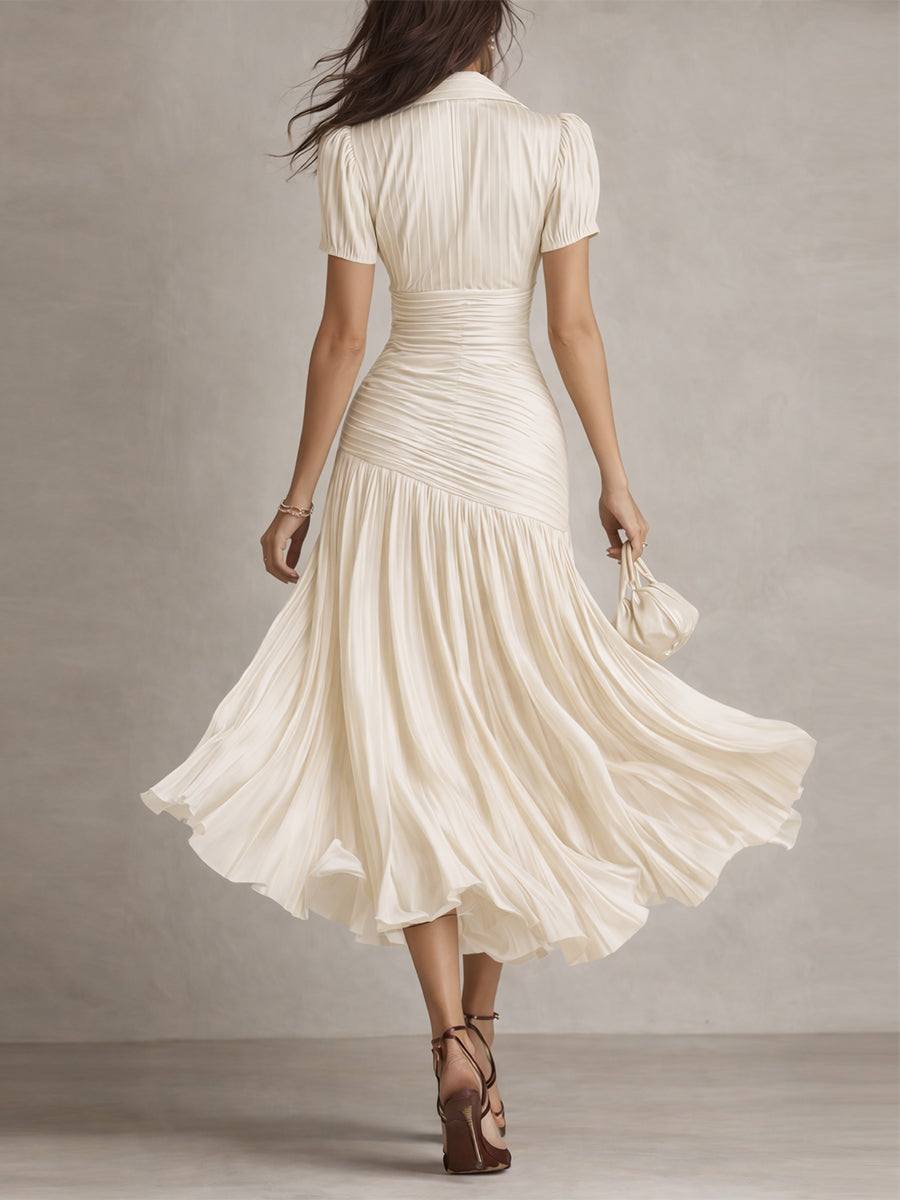 White striped satin midi dress from back, short sleeves and gathered waist with flared pleats.