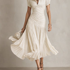 White striped satin midi dress with V-neck, gathered ruched waist, short sleeves, flared pleats.