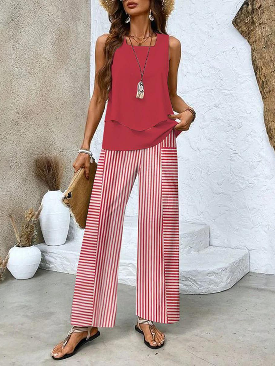 Completo estivo rosso: top a balze e pantaloni palazzo a righe rosso-bianche