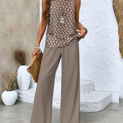 Completo estivo beige: canotta con motivo e pantaloni palazzo ampi color taupe