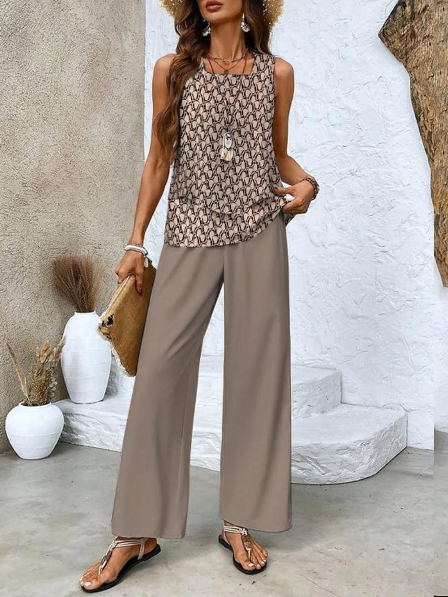 Completo estivo beige: canotta con motivo e pantaloni palazzo ampi color taupe