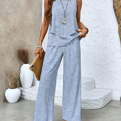 Completo estivo blu a righe: top smanicato e pantaloni palazzo a gamba larga
