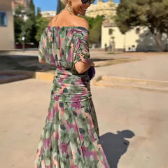 Abito da sera multicolore a fiori, scollo bardot, gonna midi a pieghe