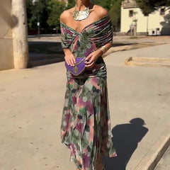 Abito da sera multicolore a fiori, scollo bardot, gonna midi svasata