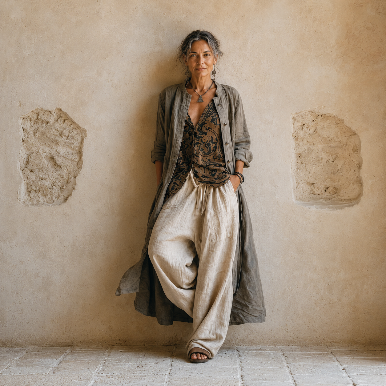 Completo con tunica stampata, pantaloni ampi crema e giacca grigio-verde, frontale