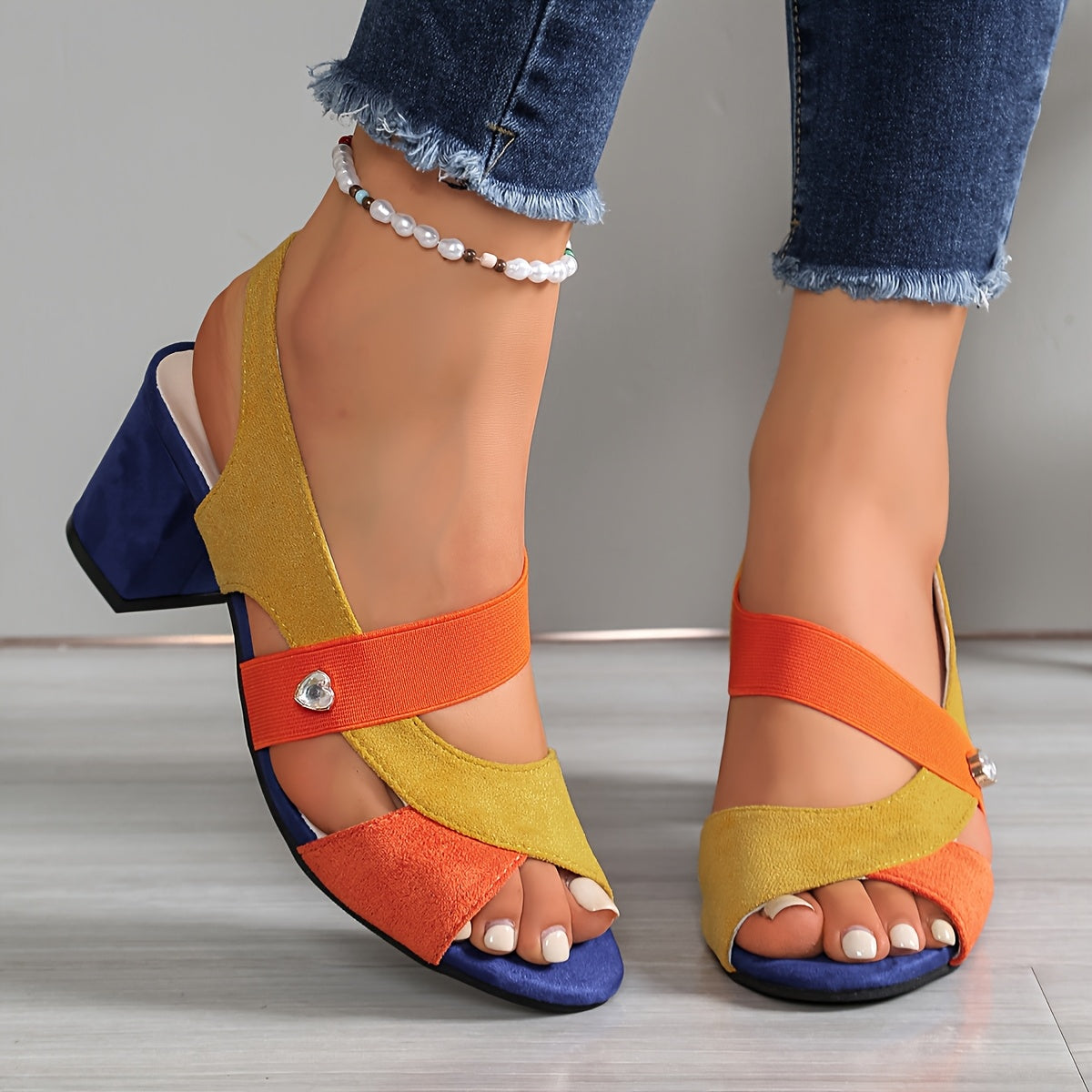 Multi-color suede block-heel sandals with ankle strap and pearl bead ankle bracelet
