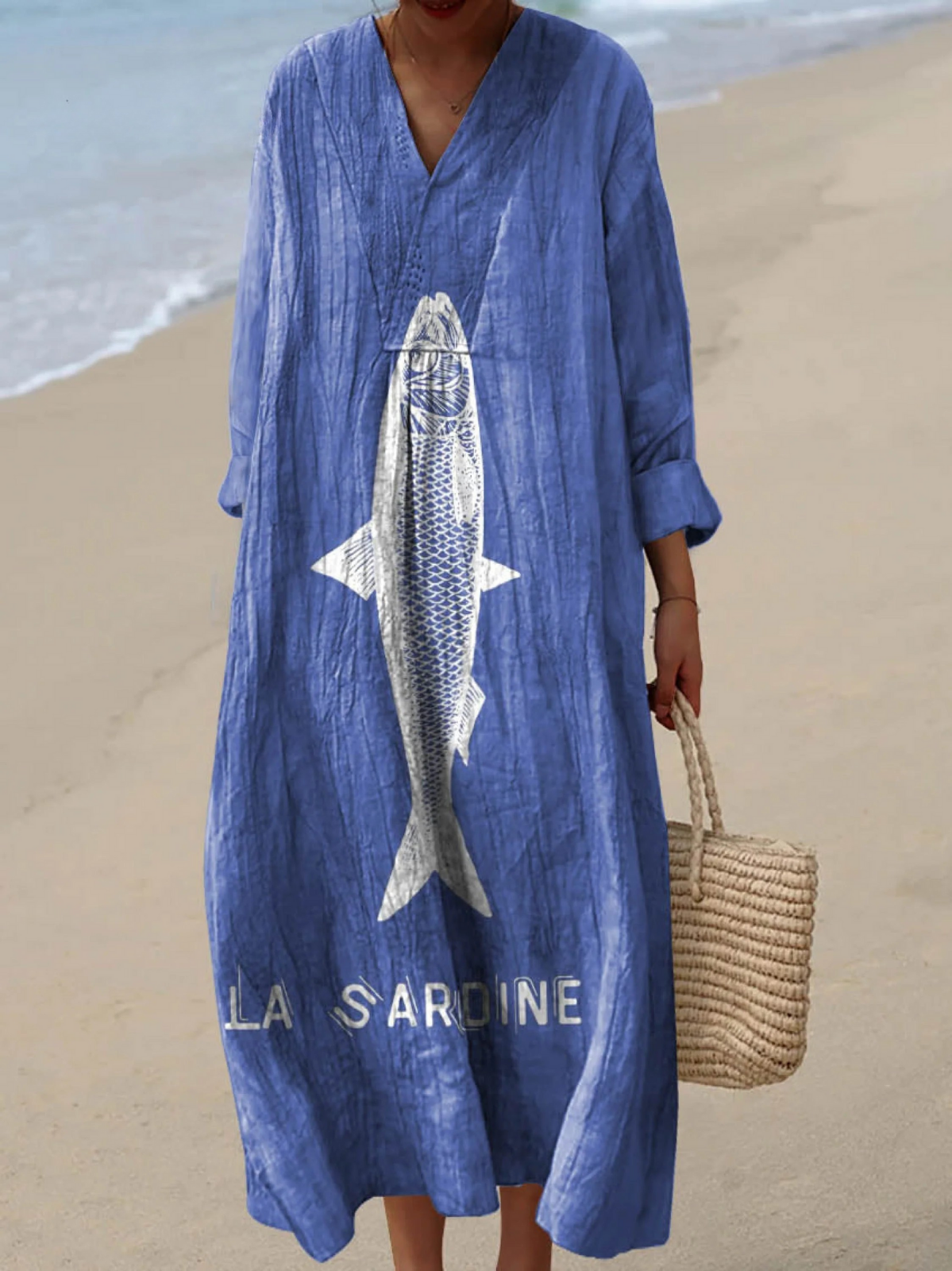 Blue boho maxi dress with V-neck, long loose sleeves and drawstring hem