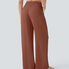 Rust wide-leg trousers with elastic waist, full length relaxed fit