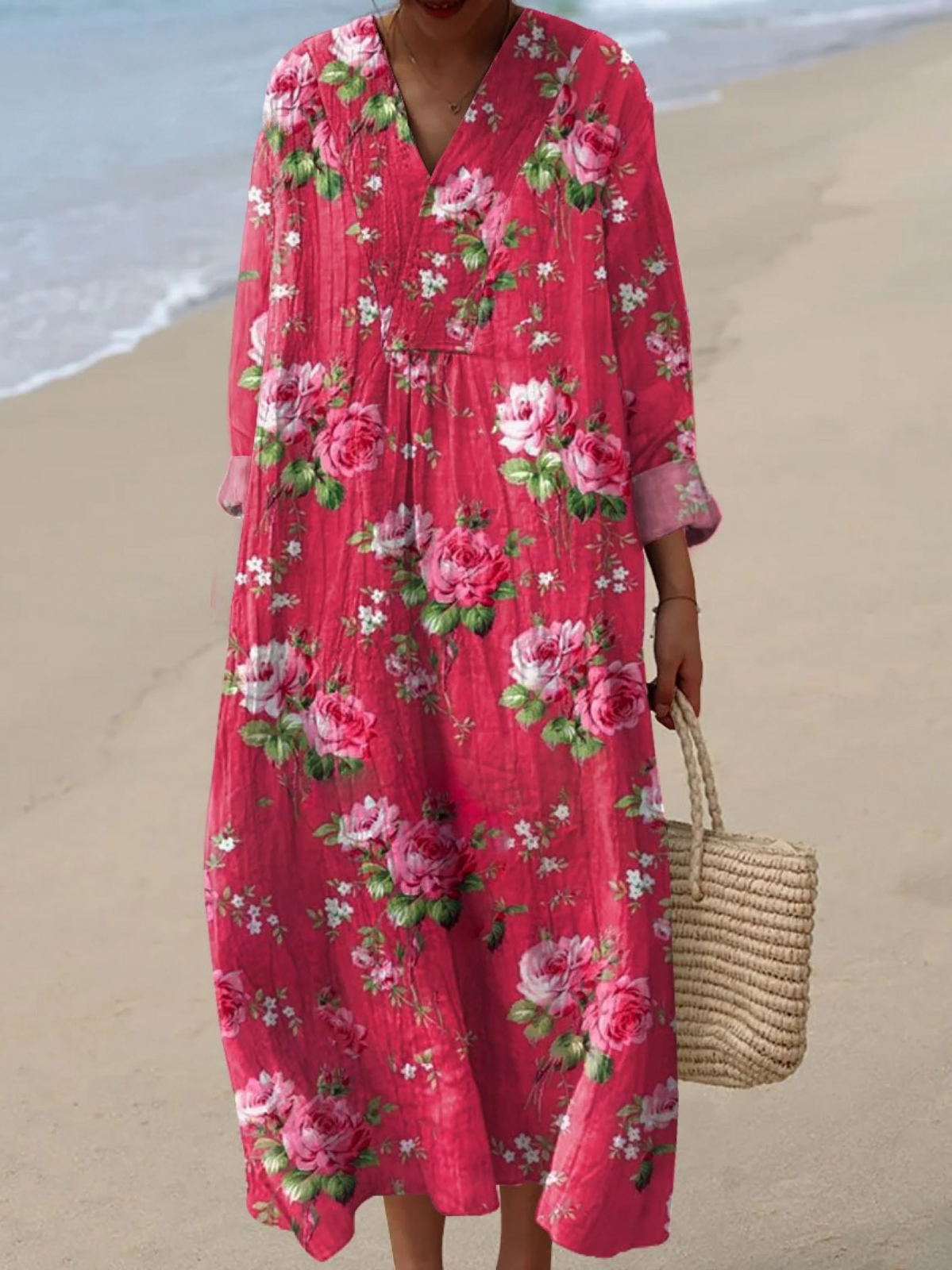 Boho maxi dress in magenta with pink floral print, V-neck and long billowy sleeves