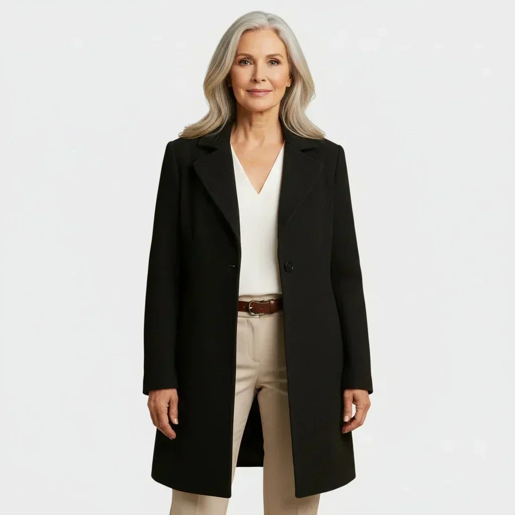 Black long coat with notched lapels and button front
