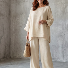 Beige oversized tunic and wide-leg pants set with wide cuffs and loose drape