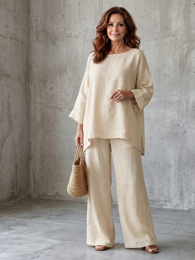 Beige oversized tunic and wide-leg pants set with wide cuffs and loose drape