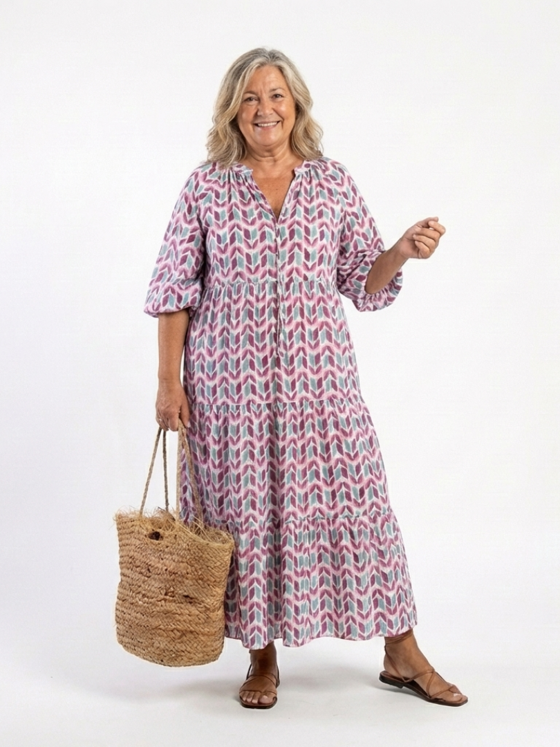 Geometric print tiered midi dress with V-neck and gathered skirt, lilac and teal