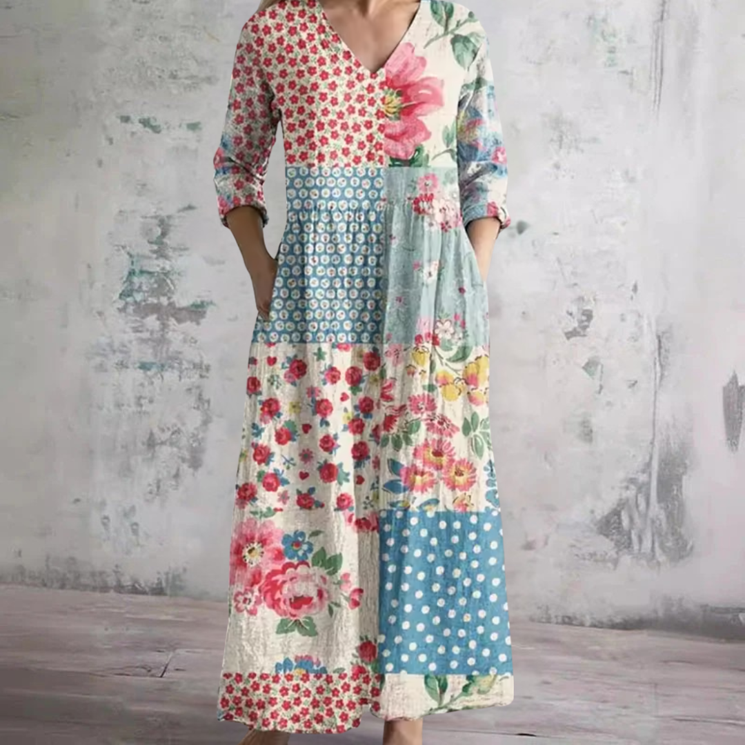 Patchwork floral summer dress with V-neck, long sleeves, multicolor panel design