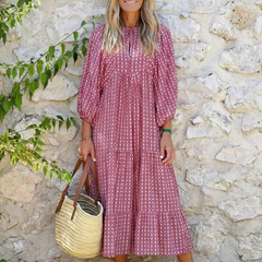 Geometric print dusty rose long-sleeve midi dress with relaxed fit and V-neck