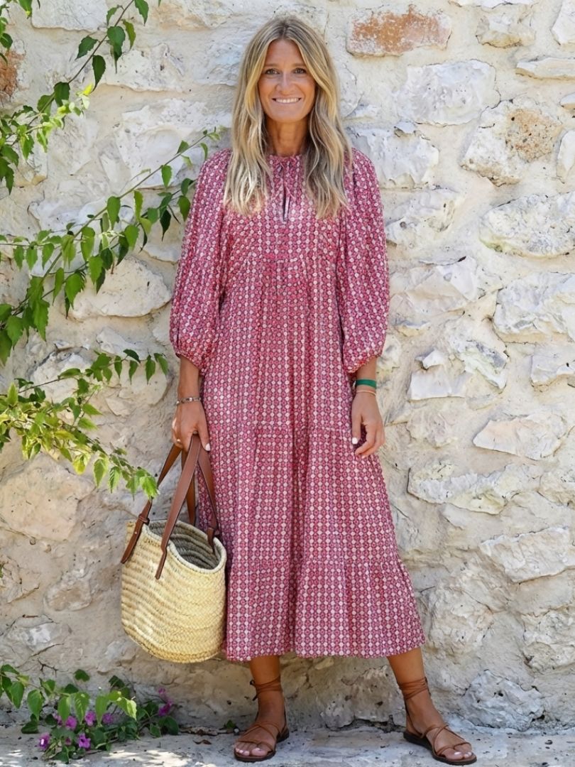 Geometric print dusty rose long-sleeve midi dress with relaxed fit and V-neck