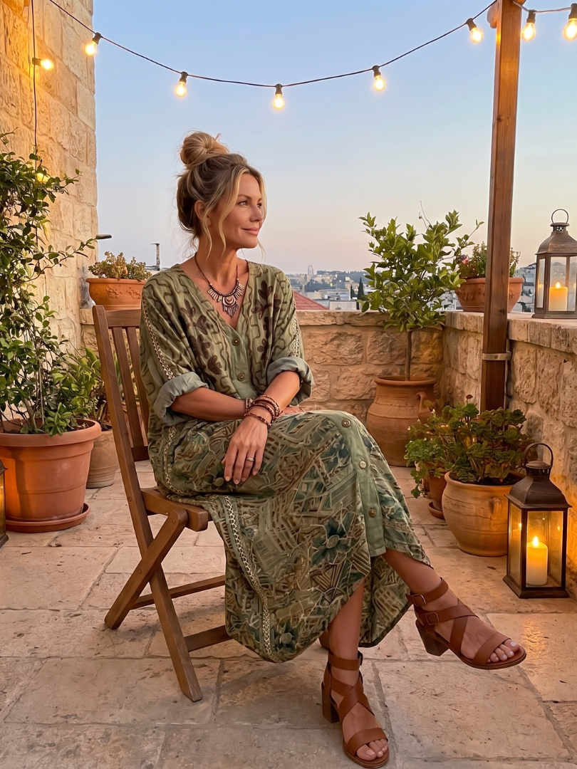 Green embroidered midi dress, seated side view, button-front and flowing asymmetrical hem