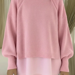 Pink layered-look sweater with ribbed knit and wide sleeves