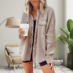 Cozy loose-fit batwing button-down jacket in light khaki, textured knit, button-front