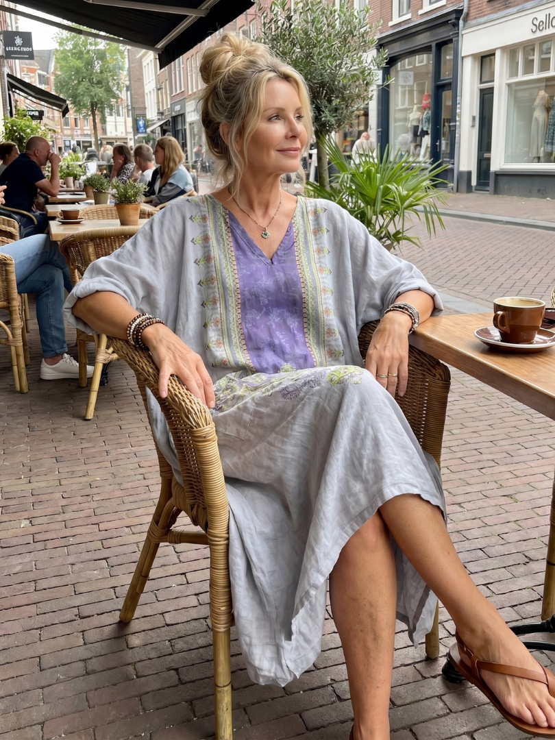 Women's midi dress with purple V-neck panel, floral embroidery and oversized front pockets