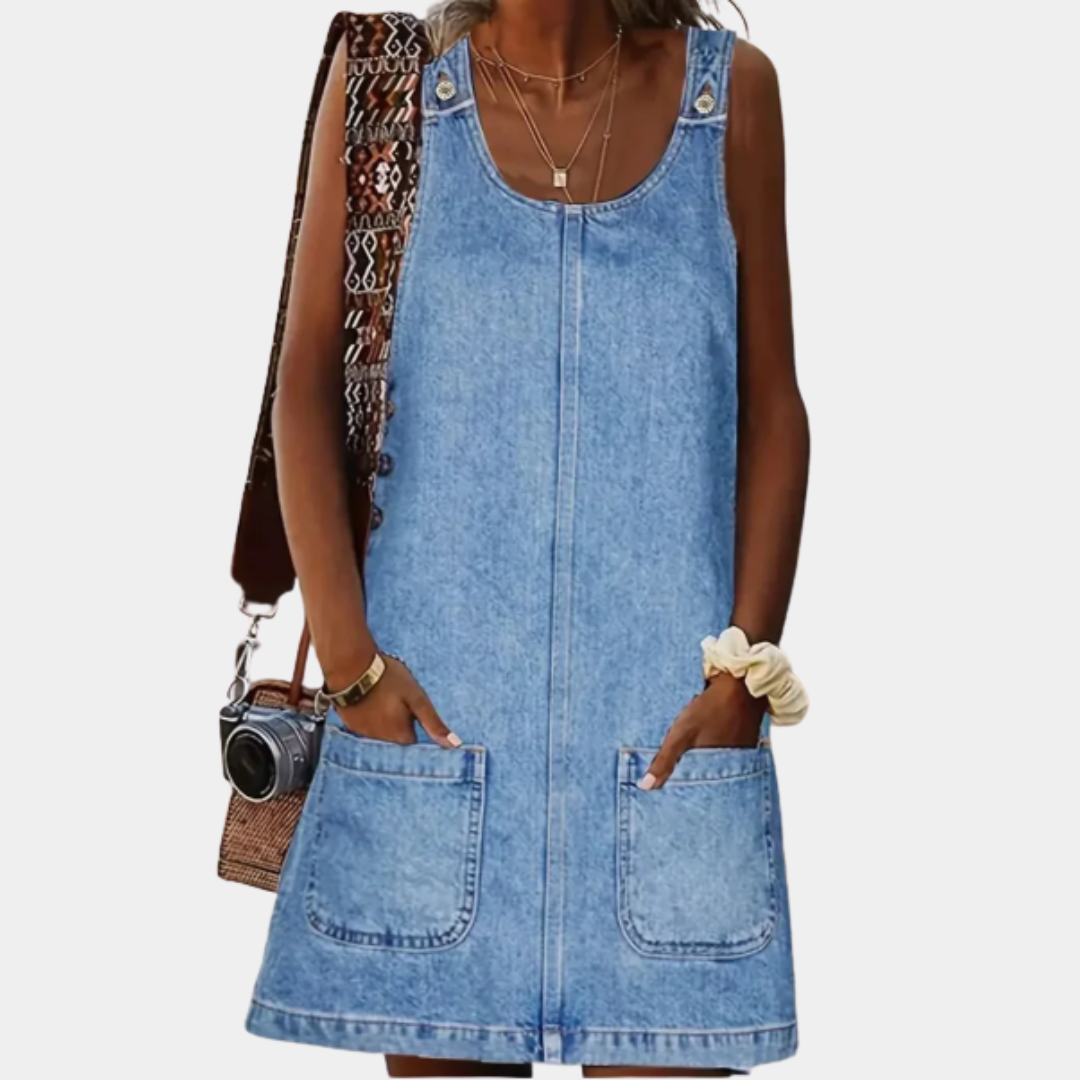 Denim-look relaxed sleeveless dress in light blue with scoop neck and front seam