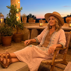 Pink embroidered midi dress with turquoise trim and side pockets, shown while seated