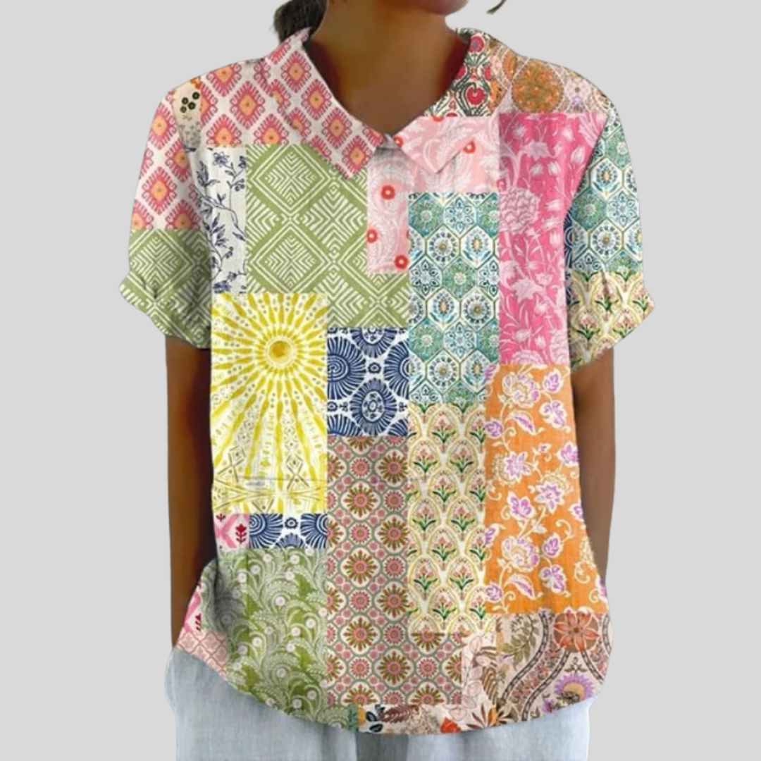 Top floreale patchwork multicolore con maniche corte e bottoni